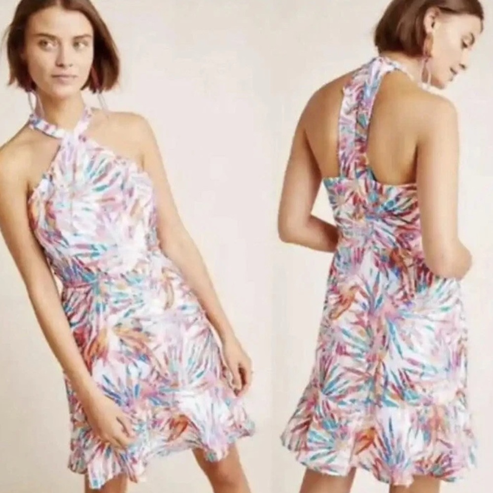 Anthropologie Hutch‎ Pink Feather Crisscross Halter Mini Dress Size 4 NEW